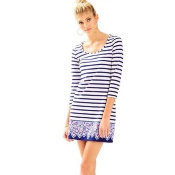 Lilly Pulitzer Striped Mini Cotton Sun Dress Sz Small Navy Blue & White 3/4 Slee - Picture 1 of 14